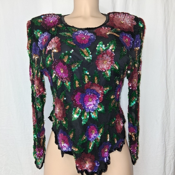 Laurence Kazar Tops - Vintage Larance Kyazer New York Multicolor Sequin Floral Blouse Size PXL